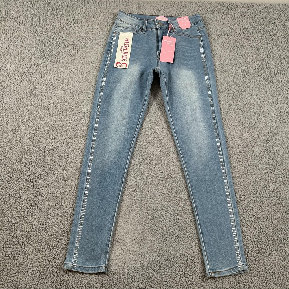 Bamboo Jeans Girls 7 Blue High Rise Skinny Rhinestone Side Stripe Stretch Denim